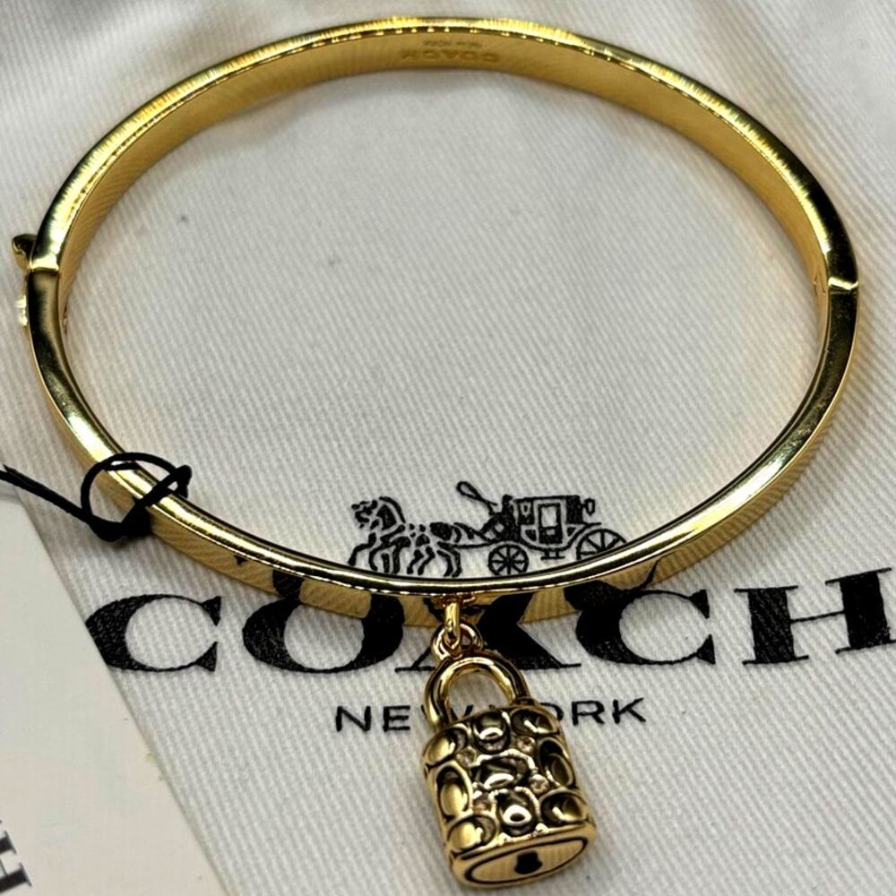 Coach Gold-Tone Quilted Padlock Charm Bangle Women’s 7" Bracelet NIBWT